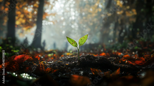 Small Green Sapling Growing in Wet Soil with Blurred Human Silhouettes in a Misty Forest.
