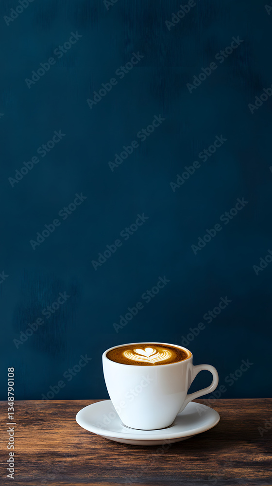 a cup of coffee with intricate latte art - sitting on a rustic wooden table vertical - blue background a cup of coffee with intricate latte art - sitting on a rustic wooden table vertical - blue background