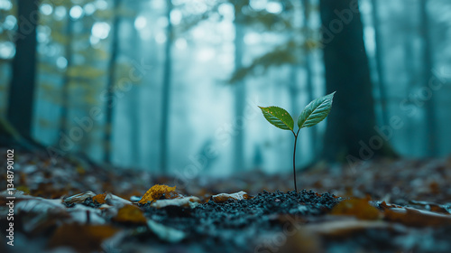 Small Green Sapling Growing in Wet Soil with Blurred Human Silhouettes in a Misty Forest.