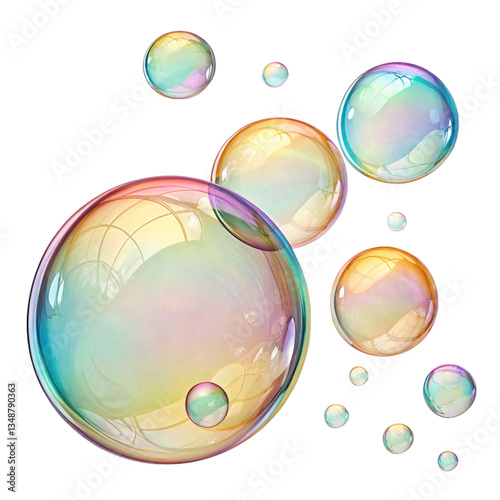 Iridescent soap bubbles floating against a stark black background with a mesmerizing colorful sheen effect transparent background