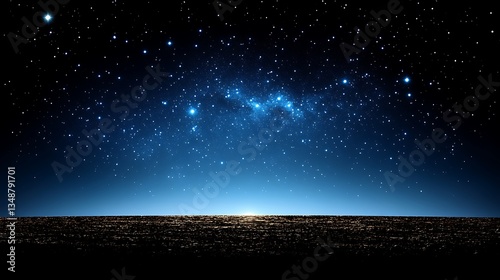 Starry night sky over dark horizon.