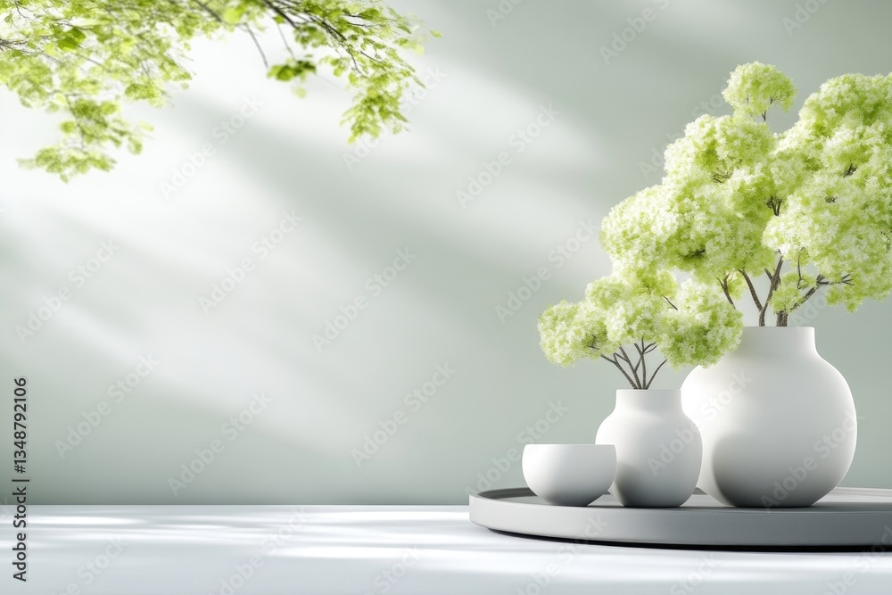 Fototapeta premium Minimalist, serene display of light green plants in white vases