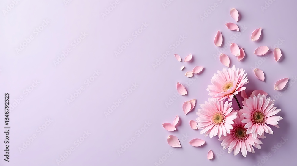Naklejka premium Delicate pink chrysanthemums, Scattered petals, Soft lavender background
