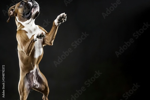 Powerful Dog in Mid-Air Action Catching Ball with Extended Paws photo