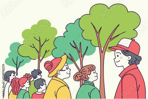 41 Colorful diverse crowd illustration, vibrant green trees background, hand-drawn style, flat color palette, whimsical characters, varied hairstyles and outfits, community gathering, inclusive repres