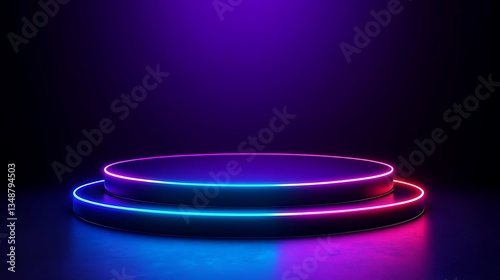Neon-lit circular platform, two levels, dark background.