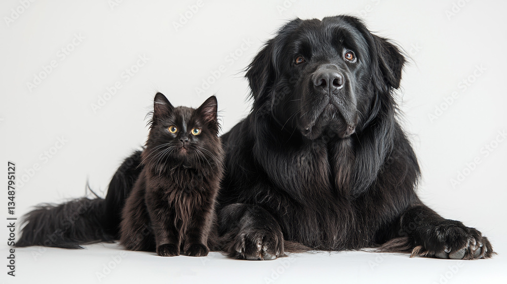 Fototapeta premium White background, one big black dog and one little black cat, sitting and looking on camera 