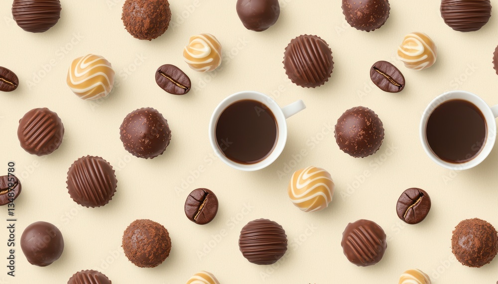 Fototapeta premium Seamless chocolate and coffee pairing pattern featuring espresso shots, cocoa beans, and chocolate truffles