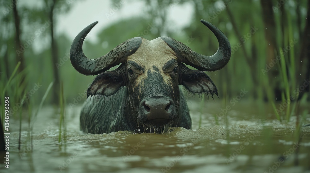Naklejka premium Swamp Buffalo: A dark water buffalo with wide horns, standing in a Southeast Asian swamp.
