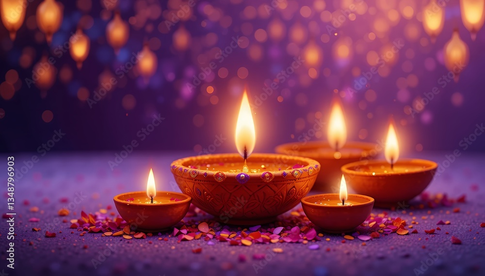 Diwali background with glowing diyas, vibrant bokeh lights, and scattered flower petals Diwali background with glowing diyas, vibrant bokeh lights, and scattered flower petals