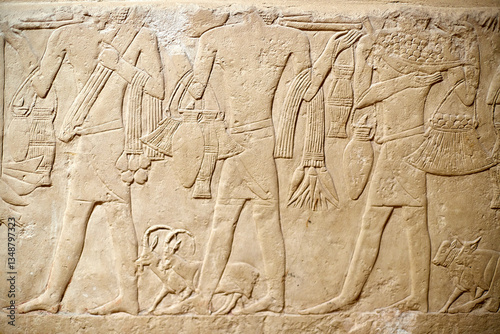 Mural with part of the funerary procession of the vizier Mereruka showing a line of men carrying various agricultural products, Saqqara