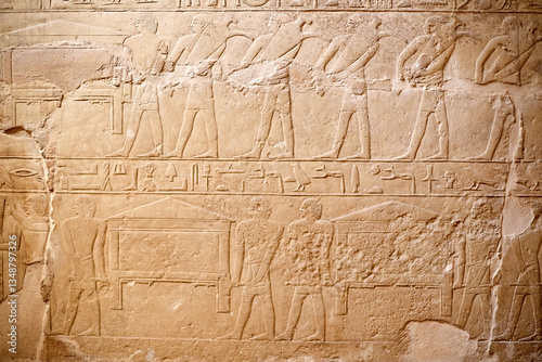 Mural from the mastaba of the Egyptian vizier Mereruka showing funerary procession with men carrying chests and wine