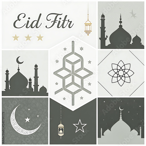 Eid al Fitr mubarak background and Eid Mubarak Ramadan Banner Design with crescent moon, mosque and lanterns and colorful elements.
