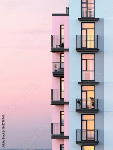 Modern apartment building against sunset sky.