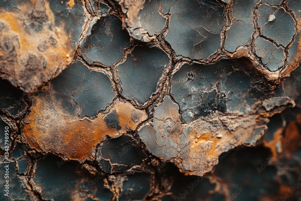 Fototapeta premium Close-up of cracked, textured surface with dark grey and rusty orange hues, creating an abstract, geological pattern.