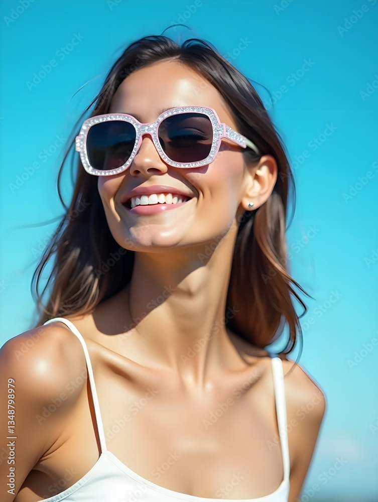 Fashionable woman in oversized sunglasses poses against a bright blue sky Fashionable woman in oversized sunglasses poses against a bright blue sky