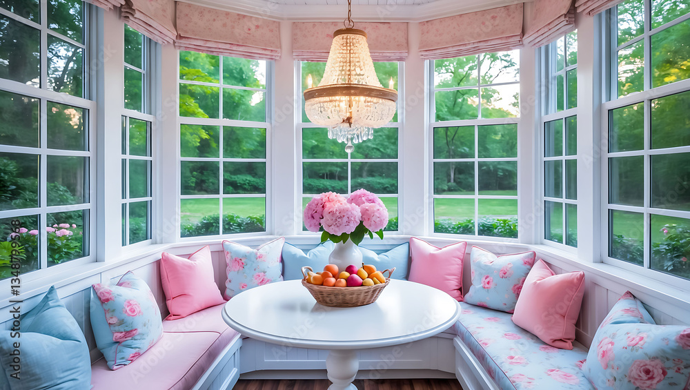 Fototapeta premium A bright and elegant sunroom with cozy seating and a garden view