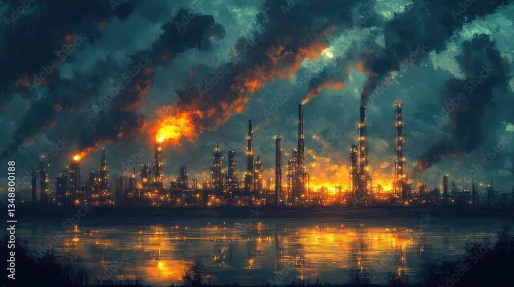 Fototapeta premium Industrial Plant at Dusk with Pollution, Riverfront