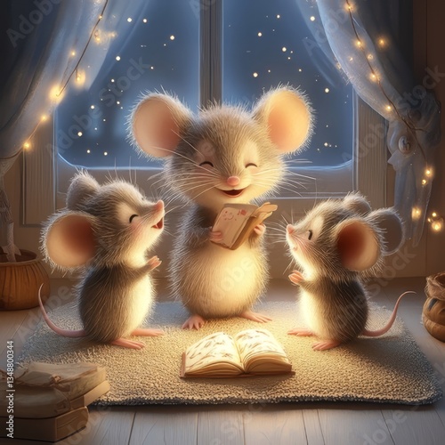 Three cartoon mice gather around a book on a rug by a window at night, with a cozy and heartwarming illustration style.