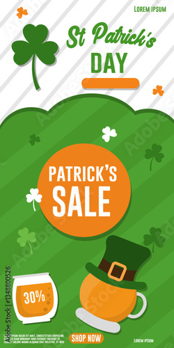 St. Patrick's Day Sale discount offers a web banner template, vertical flyer design, and vector illustration.