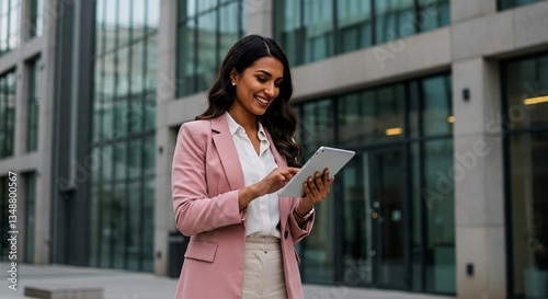 A confident businesswoman in a pink blazer uses a tablet outside a modern office building. She is smiling and focused, representing professionalism, success, and digital technology in business. Free Download A confident businesswoman in a pink blazer uses a tablet outside a modern office building. She is smiling and focused, representing professionalism, success, and digital technology in business. - GFXLoad