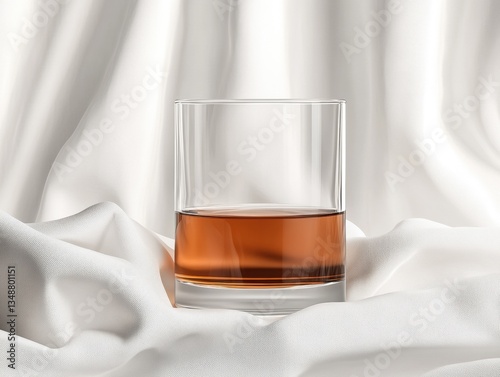 Sipping whiskey in a glass on soft fabric.