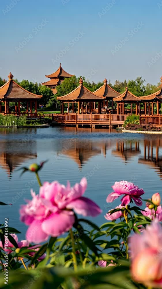 Beautiful peonies bloom in a serene garden by a tranquil lake surrounded by traditional pavilions and lush greenery during midday Beautiful peonies bloom in a serene garden by a tranquil lake surrounded by traditional pavilions and lush greenery during midday
