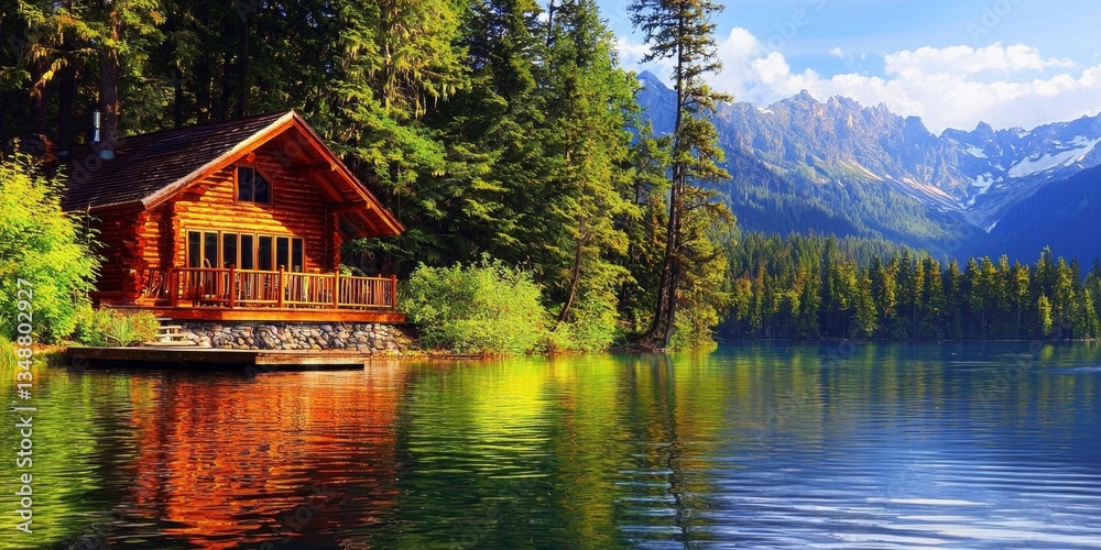 Fototapeta premium Serene natural landscape featuring water and a rustic cabin.