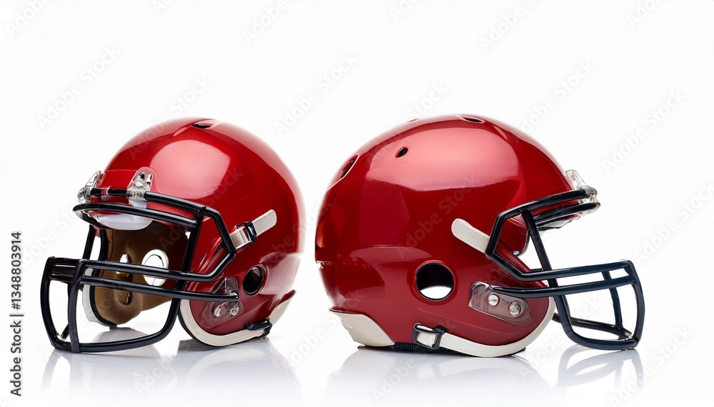 Fototapeta premium Set of red american football helmets isolated on white background. Generated image