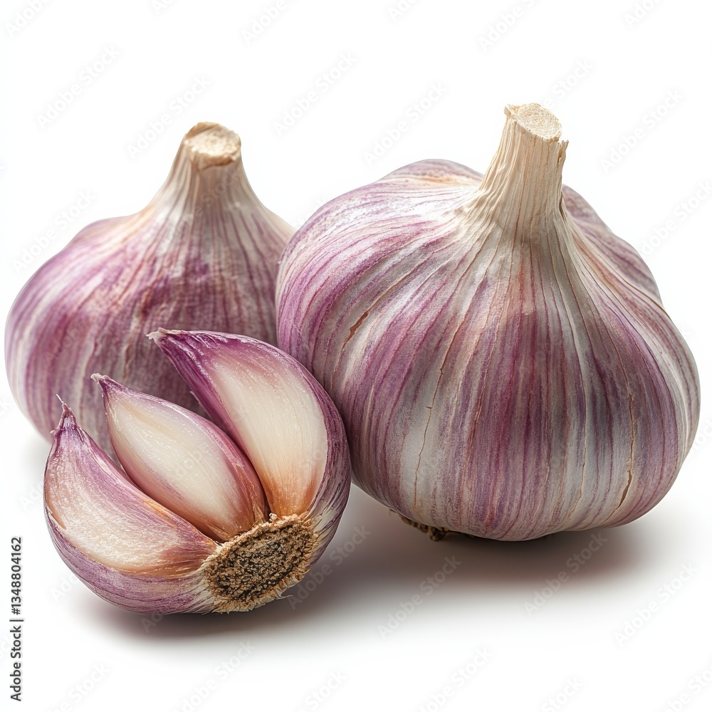 Obraz premium Natural garlic cut in half on white background. Generative AI