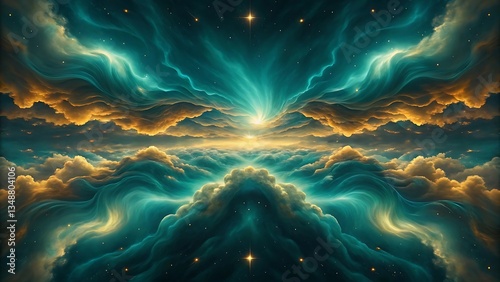 Celestial Cloudscape Fantasy Art Golden Sunset Teal Cloudscape Abstract Space Starry Night Dreamlike Artwork