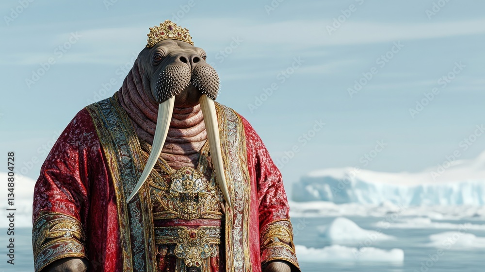 Obraz premium Majestic Walrus Monarch: A regal walrus in a rich red robe, adorned with golden embroidery and a crown, stands majestically before a serene arctic landscape.