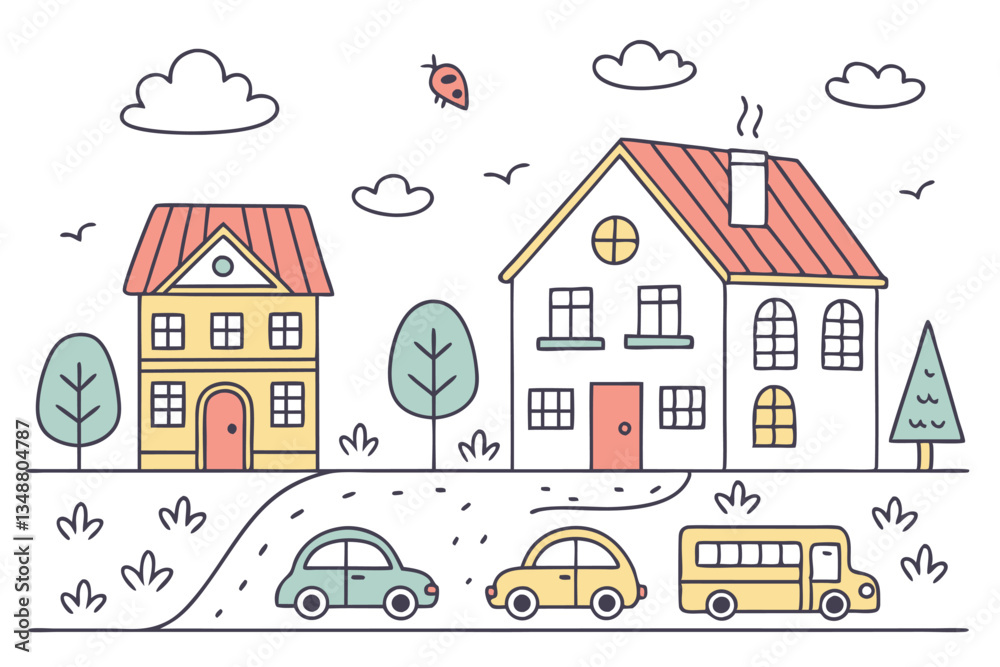 Fototapeta premium 46 Colorful hand-drawn city elements, simple doodle buildings, childlike urban sketches, cute houses with varied roofs, cartoon cars and buses, minimalist trees, cheerful town illustrations, primary c