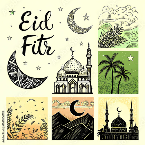 Eid al Fitr mubarak background and Eid Mubarak Ramadan Banner Design with crescent moon, mosque and lanterns and colorful elements.