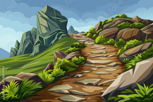 green road path in rocky mountains with stones illustration cartoon