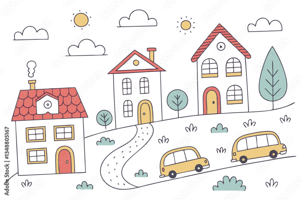 Obraz premium 46 Colorful hand-drawn city elements, simple doodle buildings, childlike urban sketches, cute houses with varied roofs, cartoon cars and buses, minimalist trees, cheerful town illustrations, primary c