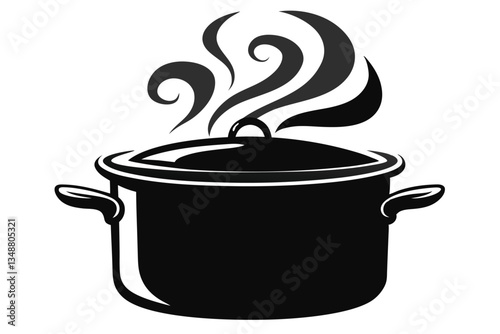 Black & White of Closed Cooking Pot with Steam, Kitchen Icon, Food Prep