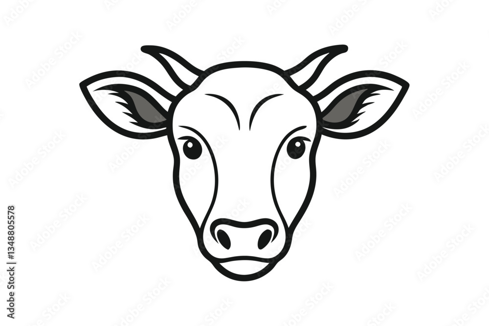 Black and White Cow Head Illustration, Farm Animal With Horns and Ears Black and White Cow Head Illustration, Farm Animal With Horns and Ears