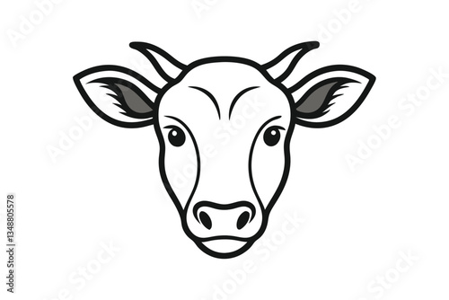 Black and White Cow Head Illustration, Farm Animal With Horns and Ears