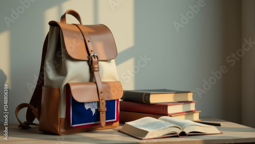 Stylish backpack with an Wyoming flag pocket and open books on a table, illuminated by sunlight. A concept of knowledge, study, and academic excellence. photo