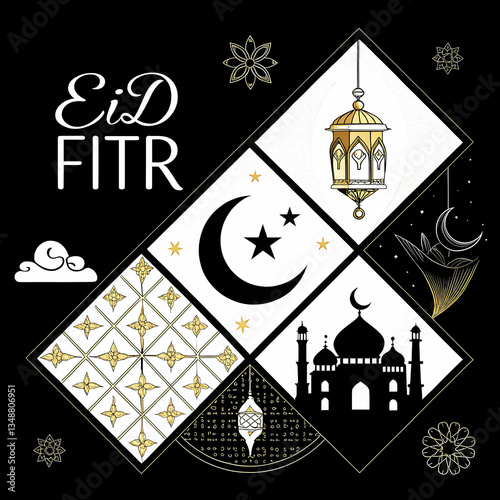 Eid al Fitr mubarak background and Eid Mubarak Ramadan Banner Design with crescent moon, mosque and lanterns and colorful elements.