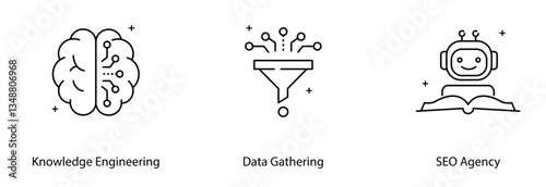 Knowledge Engineering Data Gathering Robot AI Learning Book Vector Icon Set
