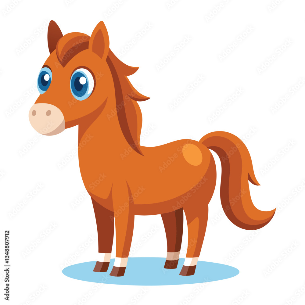 Cartoon Chestnut Horse with Blue Eyes, White Socks and a Blue Base, Isolated Cartoon Chestnut Horse with Blue Eyes, White Socks and a Blue Base, Isolated