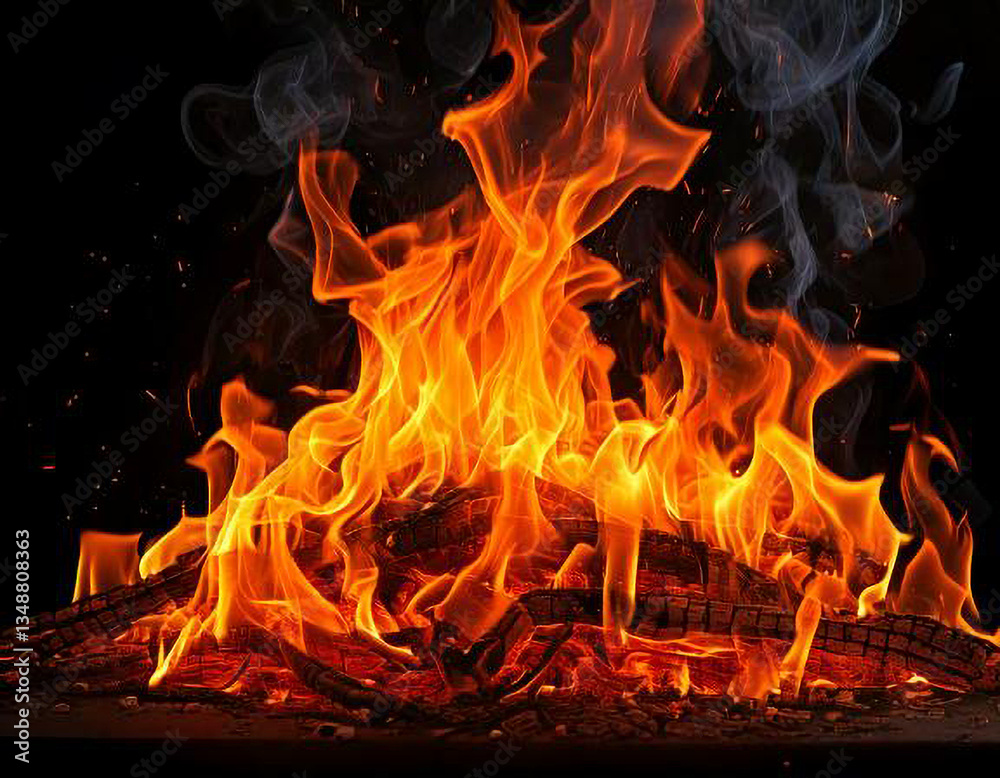 Fototapeta premium collection abstract flame isolated black background. concept of effect texture ablaze, graphic design bonfire, blaze at night. burn of fire sizzling, danger explosion