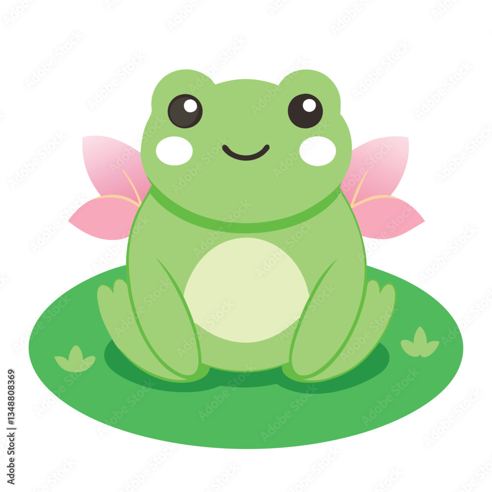Cartoon Frog with Pink Fairy Wings, Sitting on Lily Pad, White Background, Flat Design Cartoon Frog with Pink Fairy Wings, Sitting on Lily Pad, White Background, Flat Design