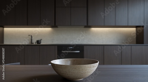 A spacious, minimalist kitchen with dark wood cabinetry and a completely cleared dining table except for a centered ceramic bowl,