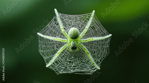 A vibrant green spider weaving its web.