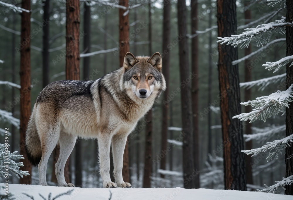 Naklejka premium A gray wolf stands alert in a snowy forest