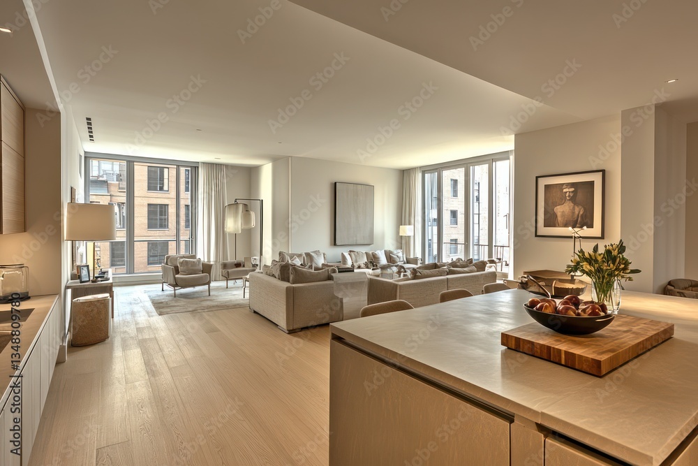 Fototapeta premium A spacious open-concept area where the kitchen transitions smoothly into the living room, featuring sleek countertops, light wood flooring, and