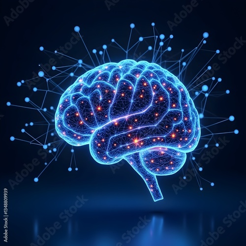 3D Glowing Blue Brain Neural Network with Electric Impulses, Synapses Firing, and AI Technology Visualization